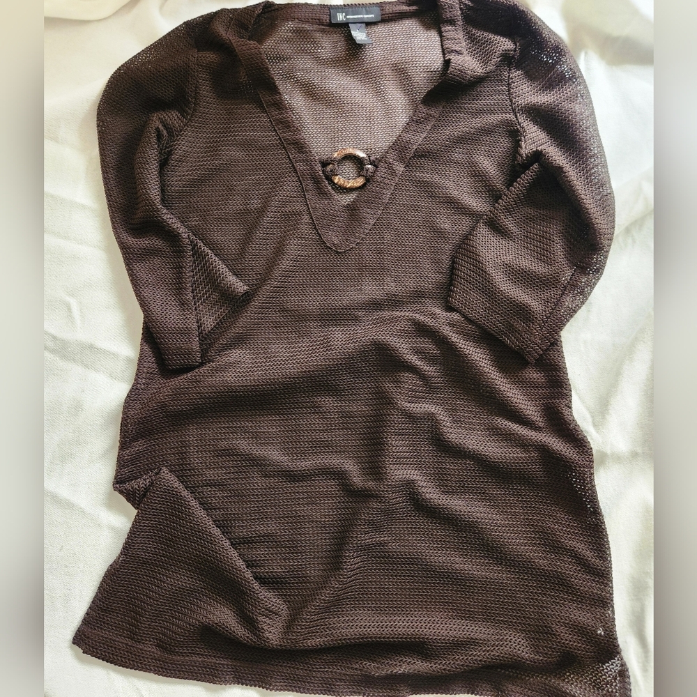 INC Mesh Swim Cover Up Brown Knit Tunic Top S International Concepts